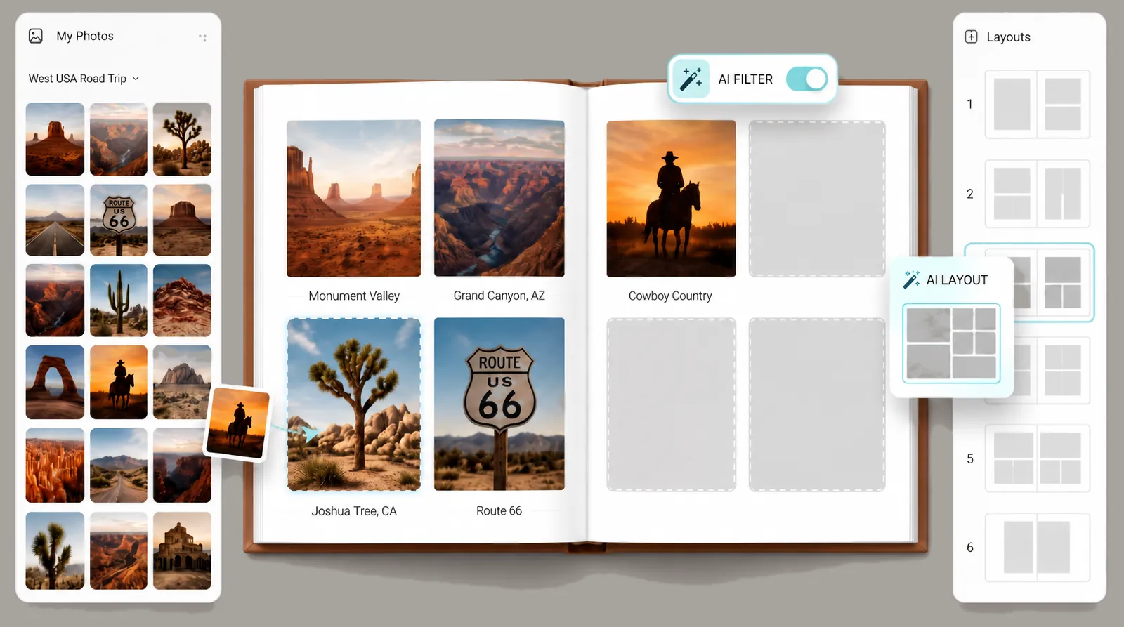 MYKEEPO Storybook Creator interface with photo library, open album spreads and AI layout tools