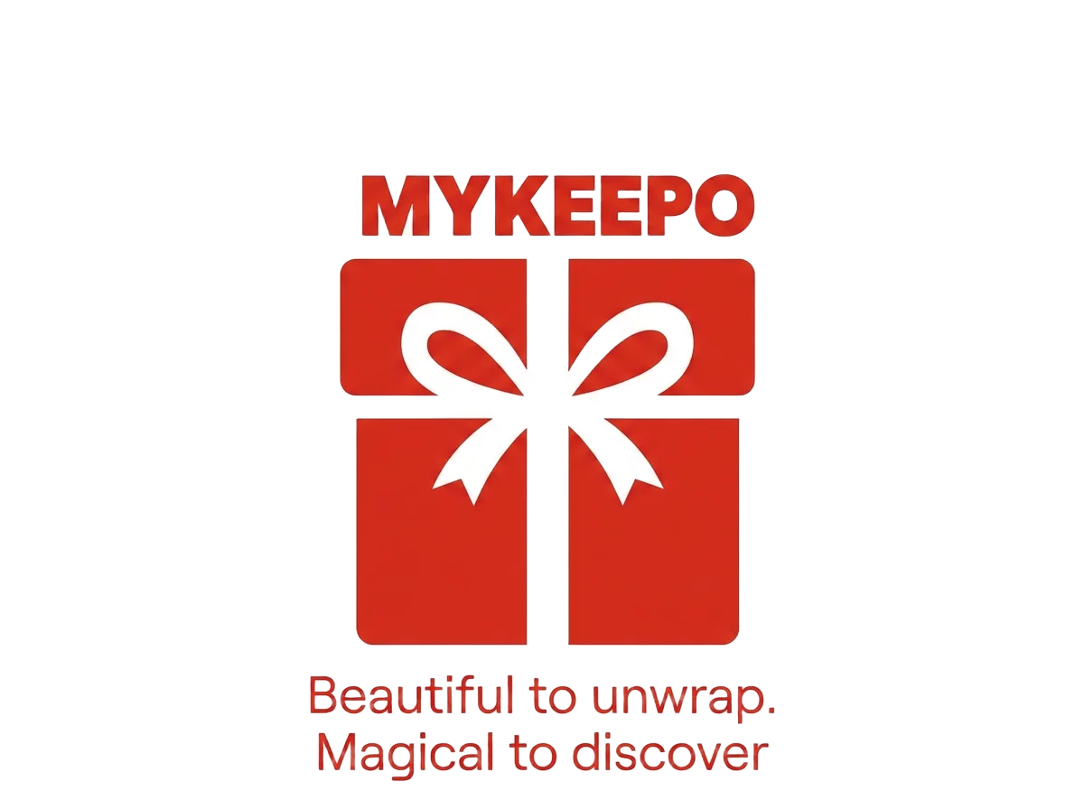 Red gift box with a white ribbon, the MYKEEPO wordmark above and the tagline Beautiful to unwrap. Magical to discover below